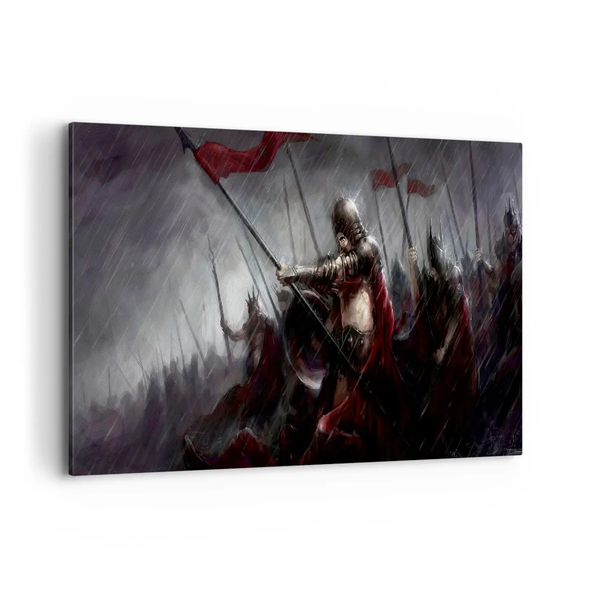 Impression sur toile - Image sur toile - Chevaliers marchant vers le champ de bataille sous la pluie - 100x70cm - Passant, dis à Sparte… - Décoration murale moderne pour le salon et la chambre ARTTOR