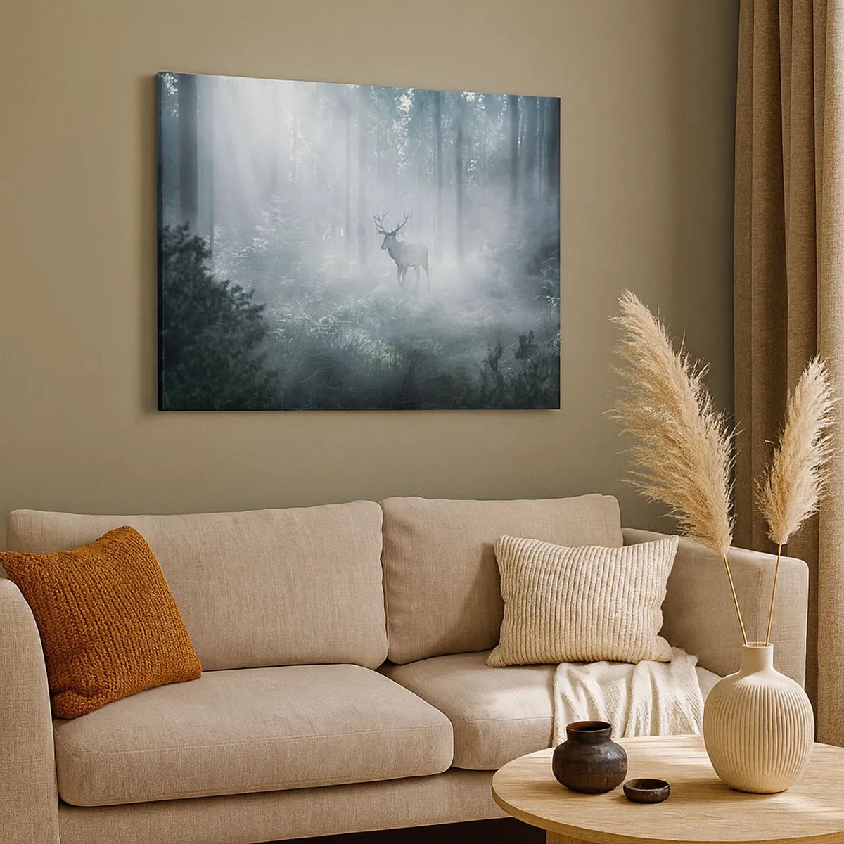 Impression sur toile - Image sur toile - Un cerf dans une forêt dense enveloppée de brume matinale - 70x50cm - Visite matinale du domaine - Décoration murale moderne pour le salon et la chambre ARTTOR