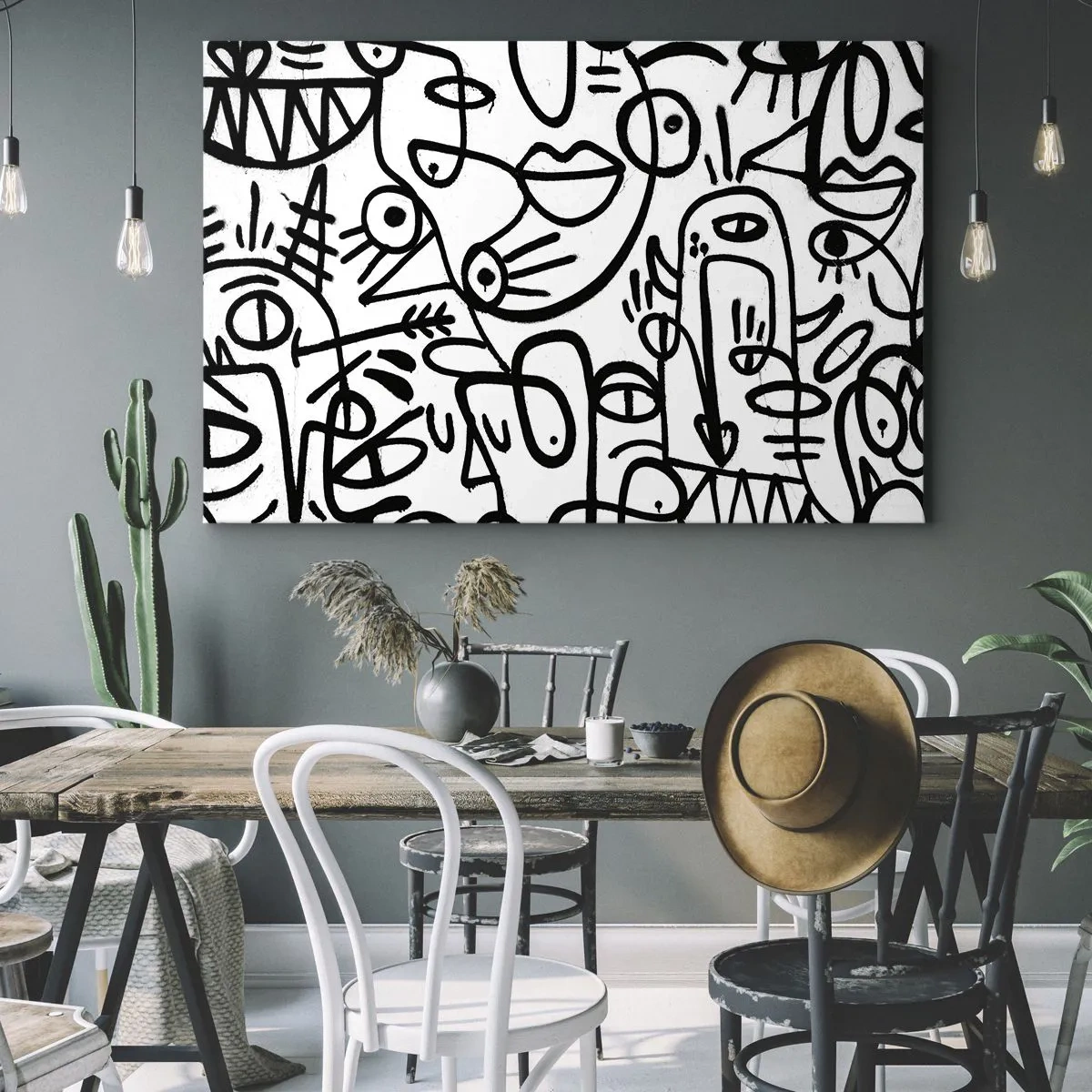 Impression sur toile - Image sur toile - Dessins abstraits en noir et blanc avec des motifs faciaux - 70x50cm - Visages et mirages - Décoration murale moderne pour le salon et la chambre ARTTOR