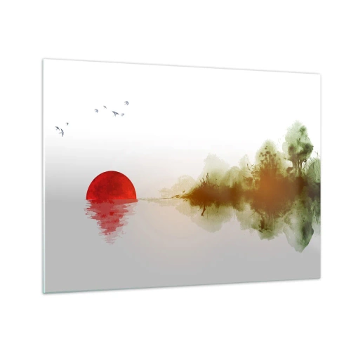 Impression sur verre - Image sur verre - Soleil rouge sur l'eau et le contour de la forêt - 70x50cm - Une promesse de paix - Décoration murale moderne pour le salon et la chambre ARTTOR