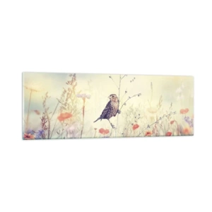 Impression sur verre - Image sur verre - Portrait d'oiseau sur pré en fond - 90x30 cm