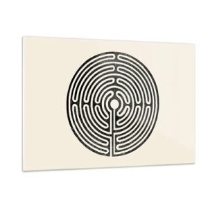 Impression sur verre - Image sur verre - Un labyrinthe noir et blanc de forme circulaire sur fond clair. - 120x80cm - Ordre mystérieux - Décoration murale moderne pour le salon et la chambre ARTTOR