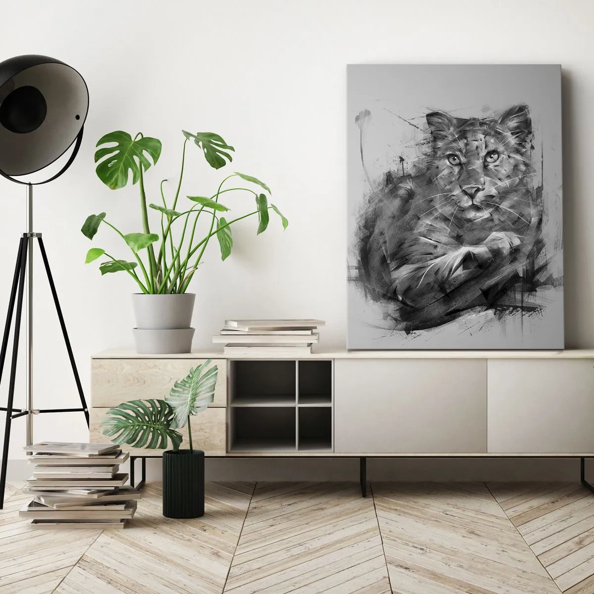 Impression sur toile - Image sur toile - Portrait noir et blanc d'un lion dans un style artistique avec des traits dynamiques. - 50x70cm - Oui, j'écoute attentivement - Décoration murale moderne pour le salon et la chambre ARTTOR