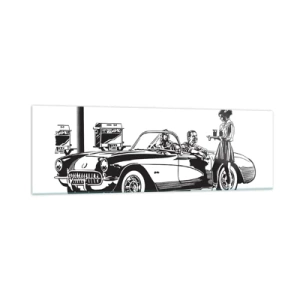 Impression sur verre - Image sur verre - Une scène rétro en noir et blanc avec une voiture et une serveuse en patins à roulettes. - 160x50cm - 60's - Amérique insouciante - Décoration murale moderne pour le salon et la chambre ARTTOR