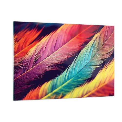 Impression sur verre - Image sur verre - Plumes colorées aux nuances arc-en-ciel intenses - 120x80cm - Arc-en-ciel de plumes - Décoration murale moderne pour le salon et la chambre ARTTOR
