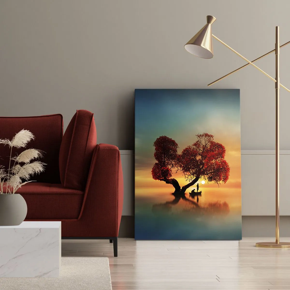 Impression sur toile - Image sur toile - Un arbre à feuilles rouges et un bateau sur l'eau au coucher du soleil - 70x100cm - Plénitude et éloignement sans monde - Décoration murale moderne pour le salon et la chambre ARTTOR