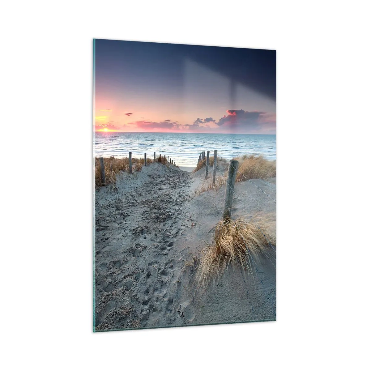 Impression sur verre - Image sur verre - Chemin à travers les dunes menant à la mer au coucher du soleil - 50x70cm - Tu as versé l'éclat de l'arc-en-ciel sur les flots - Décoration murale moderne pour le salon et la chambre ARTTOR