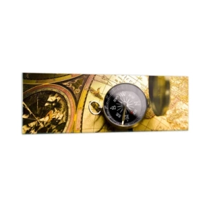 Impression sur verre - Image sur verre - Une boussole antique sur fond d'une vieille carte du monde - 160x50cm - Ou peut-être jusqu'au bout du monde ? - Décoration murale moderne pour le salon et la chambre ARTTOR