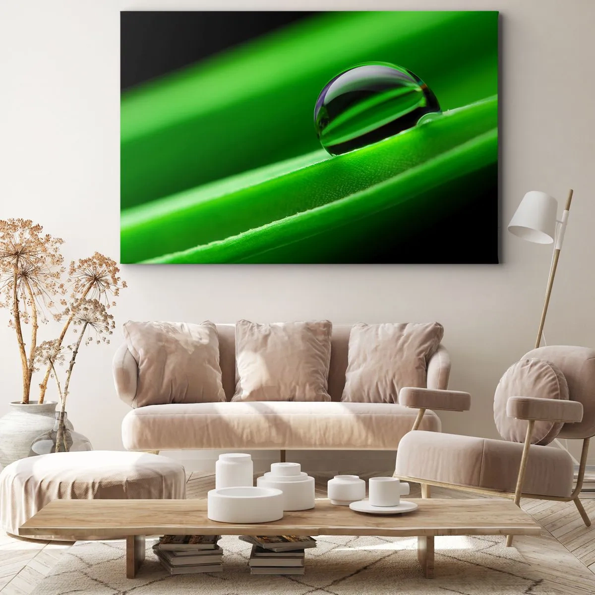 Impression sur toile - Image sur toile - Gros plan d'une goutte de rosée sur une feuille verte - 100x70cm - La vie de près - Décoration murale moderne pour le salon et la chambre ARTTOR