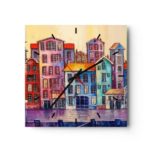Horloge murale - Pendule murale - Maisons colorées au bord de l'eau dans un style artistique - 30x30cm - Une ville comme dans un conte de fées - Décoration murale moderne pour le salon et la chambre ARTTOR