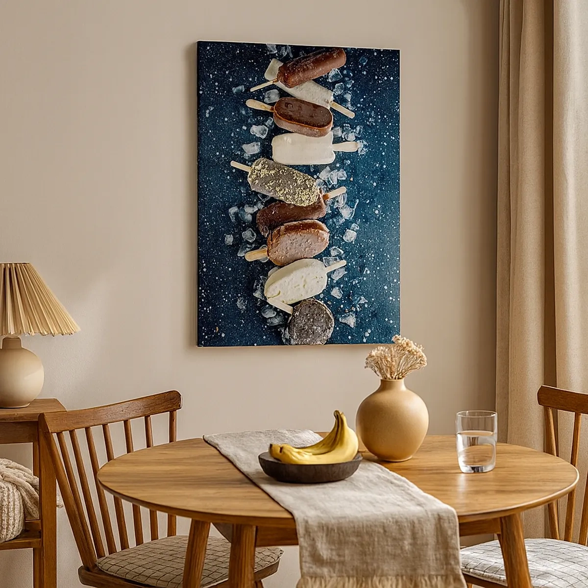 Impression sur toile - Image sur toile - Des glaces colorées disposées sur de la glace avec un fond sombre - 50x70cm - Le goût de l'été chaud - Décoration murale moderne pour le salon et la chambre ARTTOR