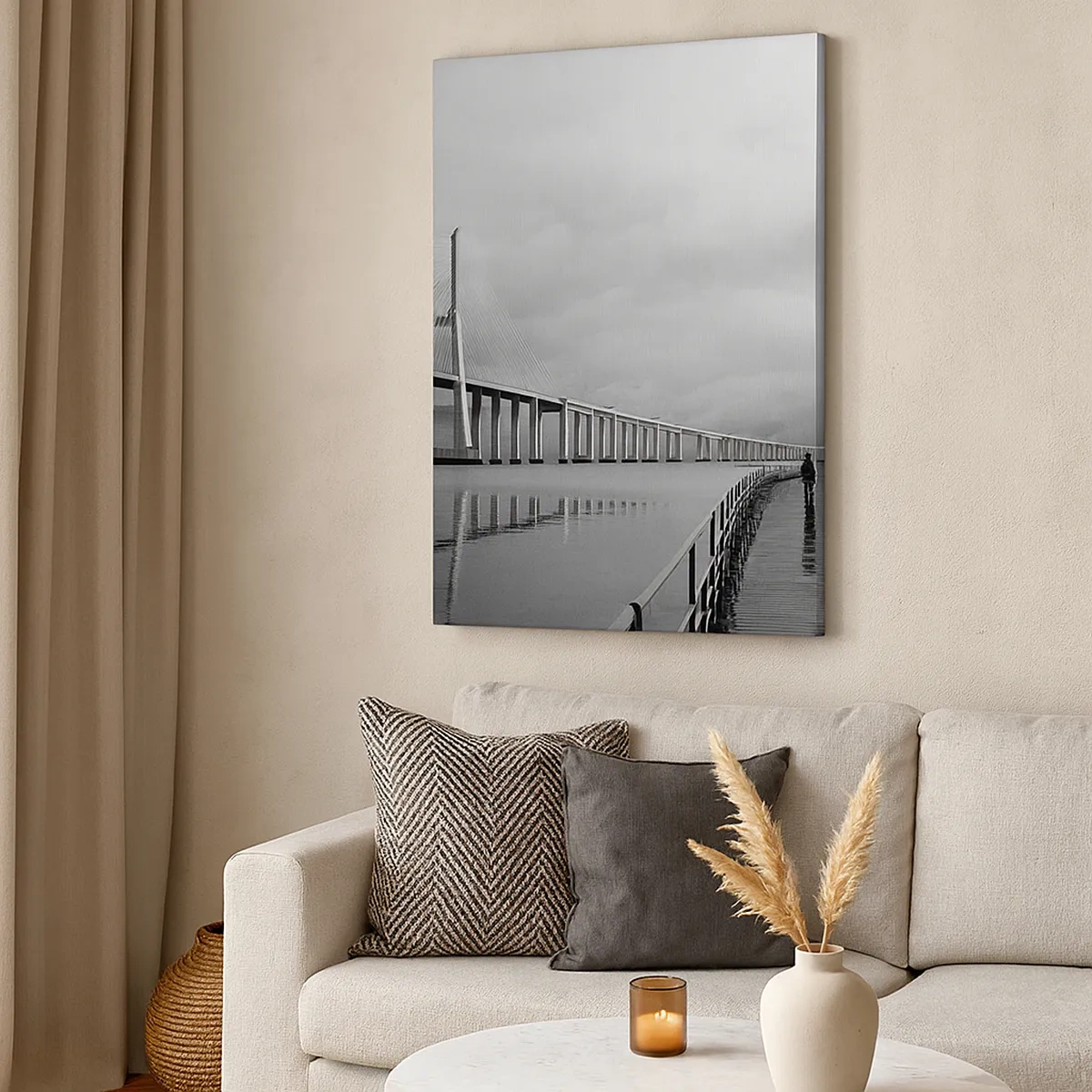Impression sur toile - Image sur toile - Un pont suspendu au-dessus de l'eau en noir et blanc - 50x70cm - A tous ceux qui lui sont important - Décoration murale moderne pour le salon et la chambre ARTTOR