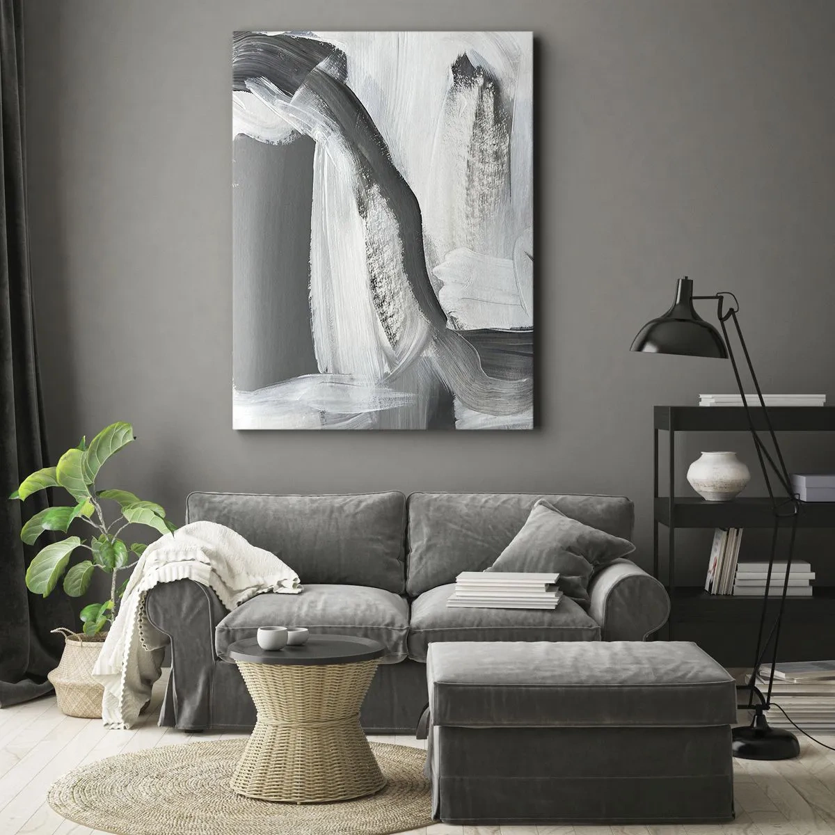 Impression sur toile - Image sur toile - Abstraction grise et blanche avec des lignes dynamiques - 50x70cm - Un geste décisif - Décoration murale moderne pour le salon et la chambre ARTTOR