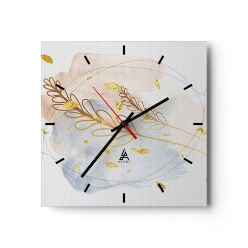 Horloge murale - Pendule murale - Un délicat motif de feuille dorée sur un fond pastel avec des détails aquarelles. - 30x30cm - Explosion d'or - Décoration murale moderne pour le salon et la chambre ARTTOR