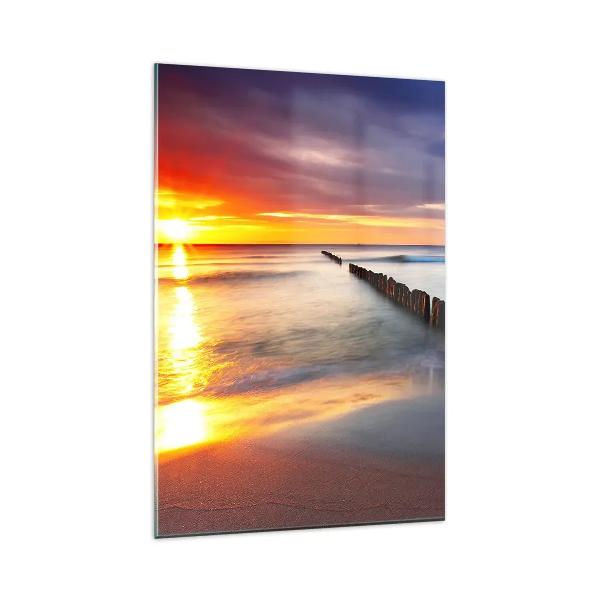 Impression sur verre - Image sur verre - Coucher de soleil sur la mer avec un brise-lames au premier plan - 80x120cm - Ecoute le silence - Décoration murale moderne pour le salon et la chambre ARTTOR
