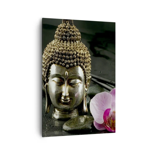 Impression sur toile - Image sur toile - Une statuette de Bouddha avec une orchidée et des baguettes sur un fond de pierres - 70x100cm - Harmonie de la sagesse et de la beauté - Décoration murale moderne pour le salon et la chambre ARTTOR