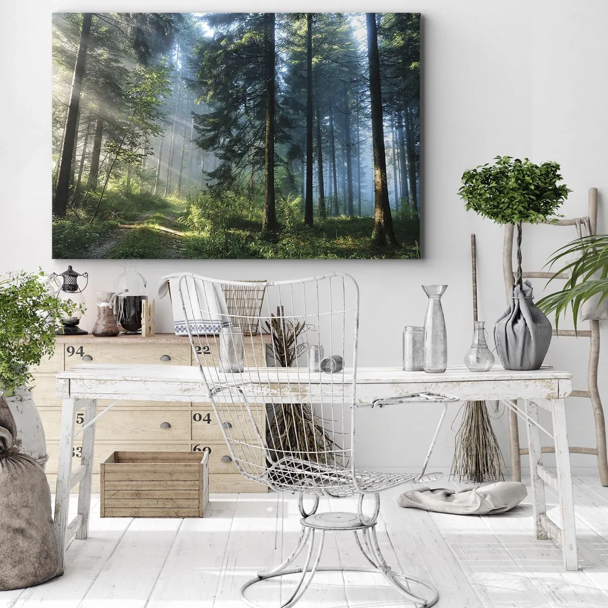Impression sur toile - Image sur toile - Un chemin forestier illuminé par les rayons du soleil du matin - 70x50cm - Rayonnant le matin - Décoration murale moderne pour le salon et la chambre ARTTOR