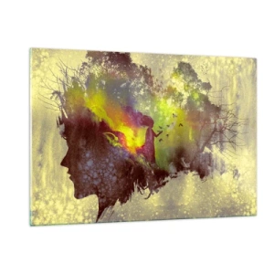 Impression sur verre - Image sur verre - Profil de visage de femme rempli de nature et d'effets colorés. - 120x80cm - Mère Nature - Décoration murale moderne pour le salon et la chambre ARTTOR