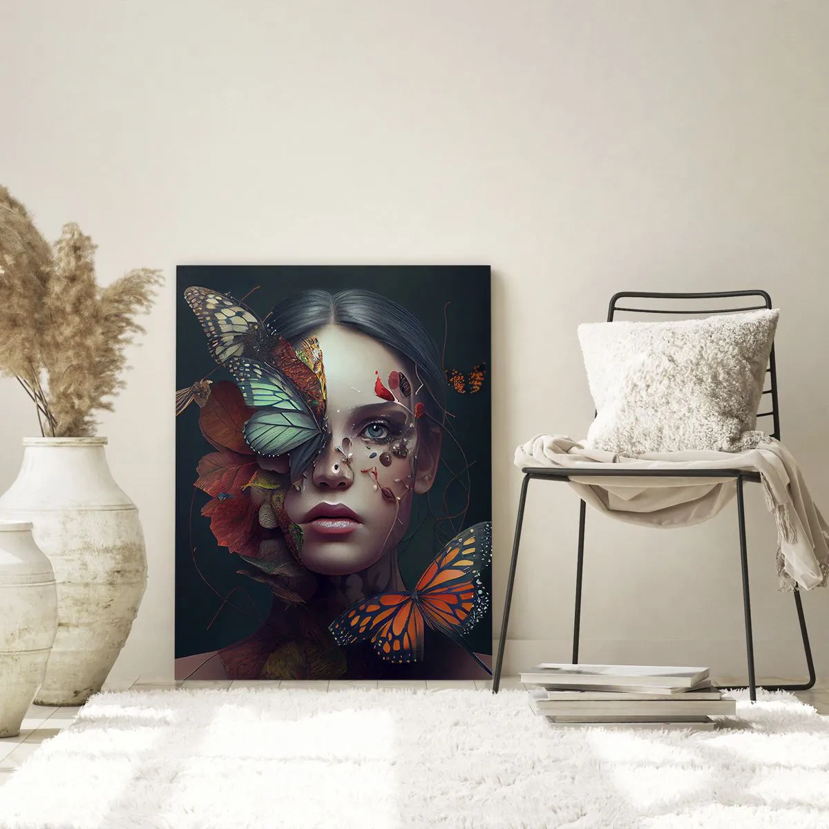 Impression sur verre - Image sur verre - Portrait d'une femme avec des papillons et des éléments végétaux - 80x120cm - Une merveilleuse métamorphose - Décoration murale moderne pour le salon et la chambre ARTTOR