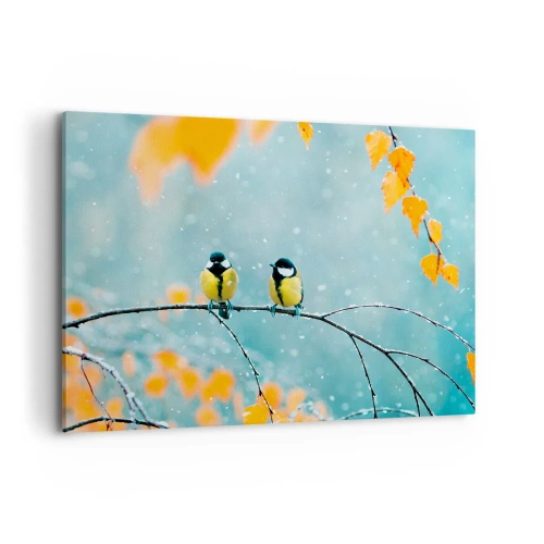 Impression sur toile - Image sur toile - Deux oiseaux sur une branche dans un décor hivernal avec des feuilles jaunes. - 100x70cm - Potins d'oiseaux - Décoration murale moderne pour le salon et la chambre ARTTOR