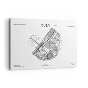 Impression sur toile - Image sur toile - Une carte minimaliste en noir et blanc de Dubaï avec des marquages de localisation. - 100x70cm - Anatomie de Dubaï - Décoration murale moderne pour le salon et la chambre ARTTOR