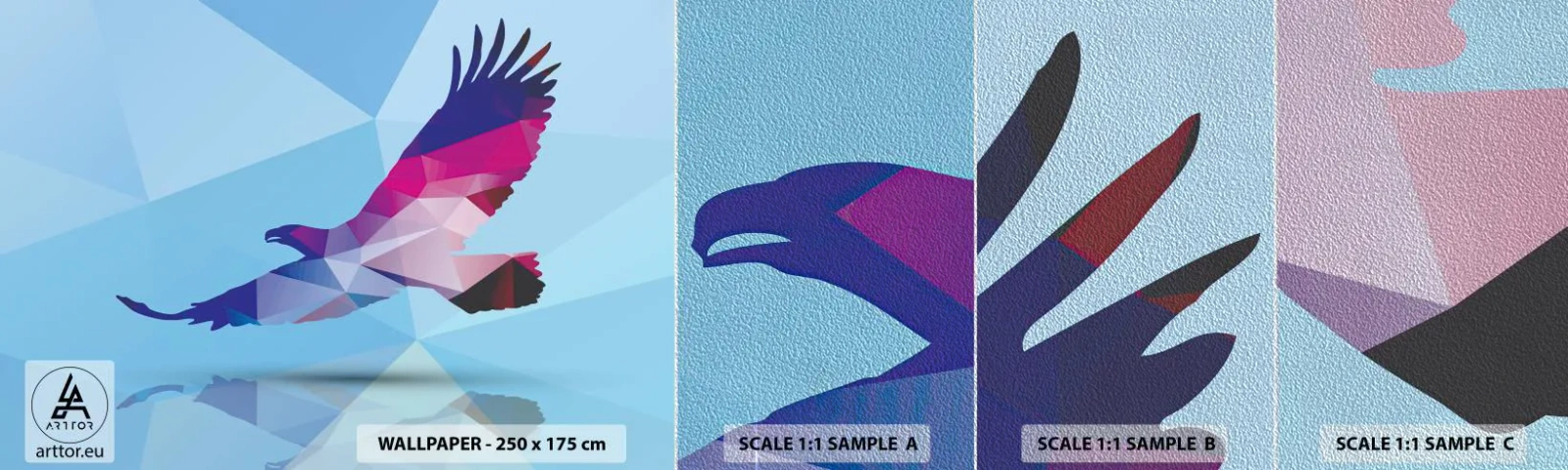 Échantillon de Papier Peint Premium Sand - Aigle en cristal lilas - Oiseau, Aigle, Figure géométrique - 100x30 cm