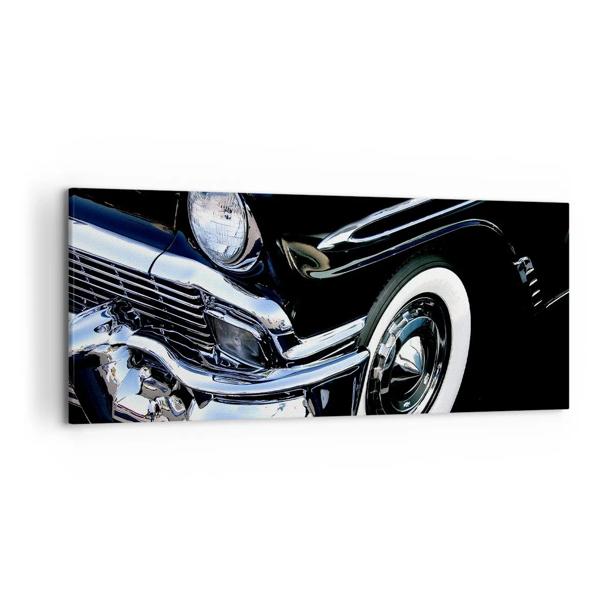 Impression sur toile - Image sur toile - Gros plan du phare et du garde-boue d'une voiture classique noire - 120x50cm - Classique en argent, noir et blanc - Décoration murale moderne pour le salon et la chambre ARTTOR