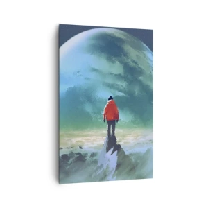 Impression sur toile - Image sur toile - Un homme portant une veste rouge debout devant une grande planète avec des étoiles en arrière-plan. - 80x120cm - Explorateur de la nouvelle terre - Décoration murale moderne pour le salon et la chambre ARTTOR