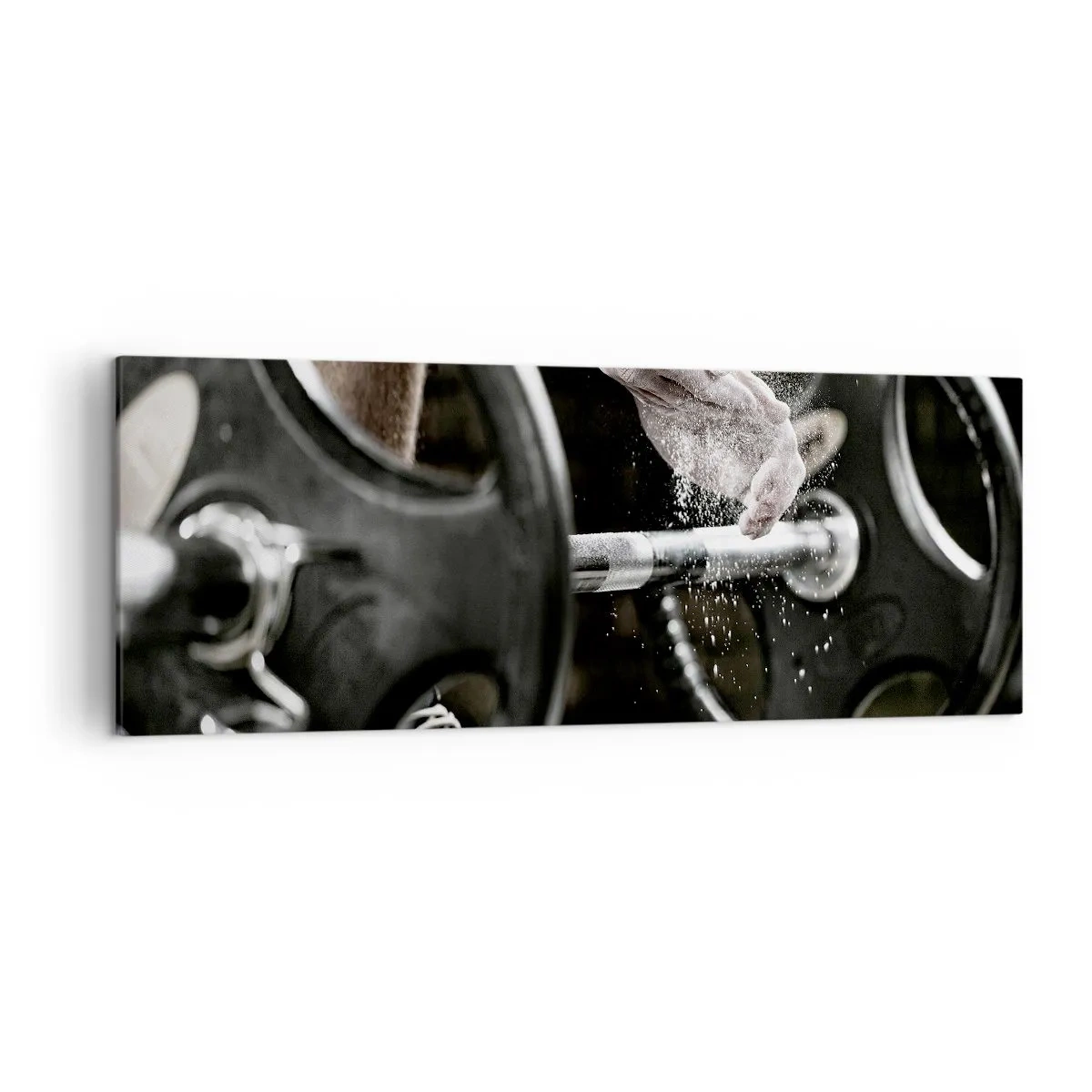 Impression sur toile - Image sur toile - Des haltères et les mains d'un athlète se préparant à l'entraînement - 140x50cm - Défi accepté! - Décoration murale moderne pour le salon et la chambre ARTTOR