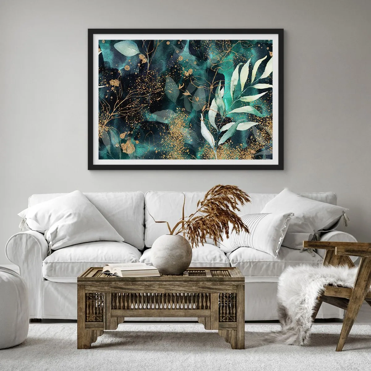 Affiche dans un cadre noir - Poster - Feuilles élégantes sur un fond sombre avec des accents dorés - 70x50cm - Jardin magique - Décoration murale moderne pour le salon et la chambre ARTTOR