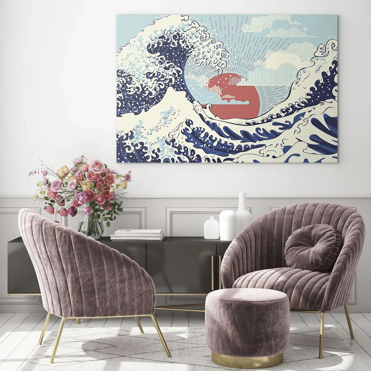 Impression sur verre - Image sur verre - Une vague stylisée inspirée de l'art japonais - 70x50cm - D'une inspiration japonnaise - Décoration murale moderne pour le salon et la chambre ARTTOR