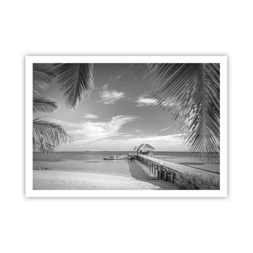 Affiche - Poster - Plage noire et blanche avec jetée et palmiers sur une côte tropicale - 100x70cm - Souvenirs ou rêve? - Décoration murale moderne pour le salon et la chambre ARTTOR