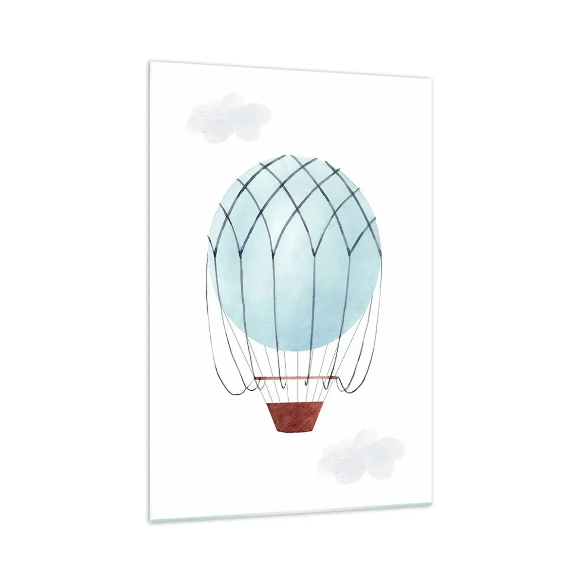 Impression sur verre - Image sur verre - Un ballon peint à la main sur fond de nuages délicats. - 70x100cm - Entièrement dans les nuages - Décoration murale moderne pour le salon et la chambre ARTTOR