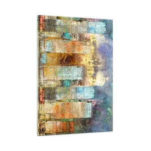 Impression sur verre - Image sur verre - Panorama abstrait coloré des gratte-ciels de la ville dans un style artistique - 50x70cm - Une métropole ensoleillée - Décoration murale moderne pour le salon et la chambre ARTTOR