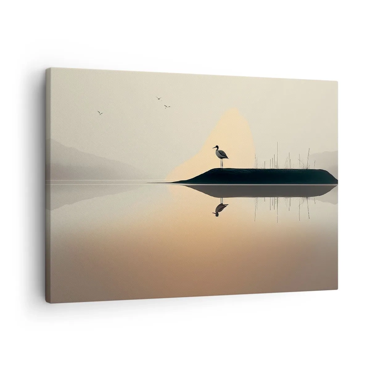Impression sur toile - Image sur toile - Un oiseau sur une île dans un lac calme aux teintes chaudes - 70x50cm - Le seigneur du lac - Décoration murale moderne pour le salon et la chambre ARTTOR