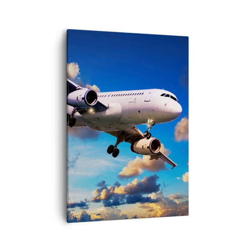Impression sur toile - Image sur toile - Un avion de ligne contre les nuages au coucher du soleil - 50x70cm - Un voyage en blanc et bleu ciel - Décoration murale moderne pour le salon et la chambre ARTTOR