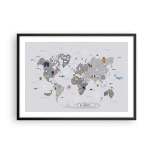 Affiche dans un cadre noir - Poster - Une carte du monde avec des illustrations d'animaux sur fond gris - 70x50cm - Dis-moi d'où tu viens... - Décoration murale moderne pour le salon et la chambre ARTTOR