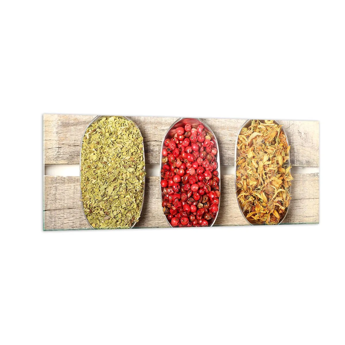 Impression sur verre - Image sur verre - Trois cuillères en métal avec des épices sur un fond en bois - 140x50cm - Magie de la cuisine - Décoration murale moderne pour le salon et la chambre ARTTOR