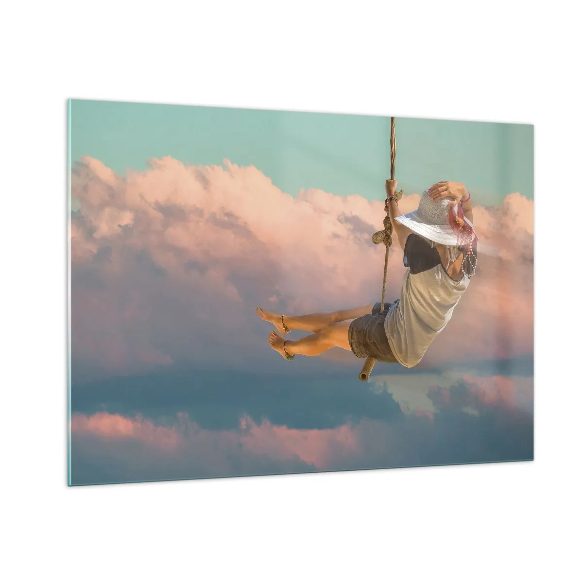 Impression sur verre - Image sur verre - Fille sur une balançoire parmi les nuages roses - 100x70cm - S'amuser dans les nuages - Décoration murale moderne pour le salon et la chambre ARTTOR
