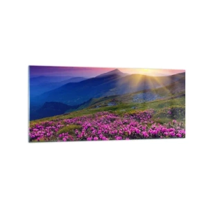 Impression sur verre - Image sur verre - Une prairie fleurie avec vue sur les montagnes au coucher du soleil - 120x50cm - … Et autour, ça sent le pin des montagnes et l'odeur de la prairie - Décoration murale moderne pour le salon et la chambre ARTTOR