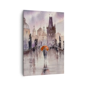 Impression sur toile - Image sur toile - Vue romantique d'un pont avec un parapluie sur fond de ville en soirée - 70x100cm - Les gens ne changent pas - Décoration murale moderne pour le salon et la chambre ARTTOR