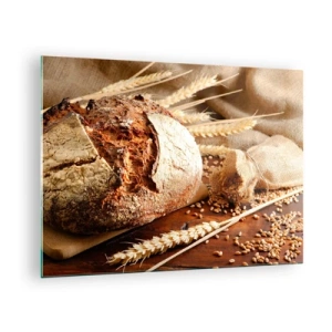 Impression sur verre - Image sur verre - Pain sur une planche avec des épis de blé et des sacs de céréales - 70x50cm - Appétissant, parfumé, croquant - Décoration murale moderne pour le salon et la chambre ARTTOR