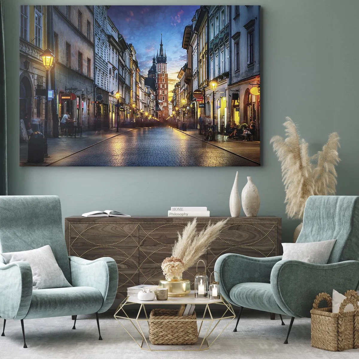 Impression sur toile - Image sur toile - Rue du soir avec vue sur la cathédrale de Cracovie - 70x50cm - La magie de Cracovie - Décoration murale moderne pour le salon et la chambre ARTTOR