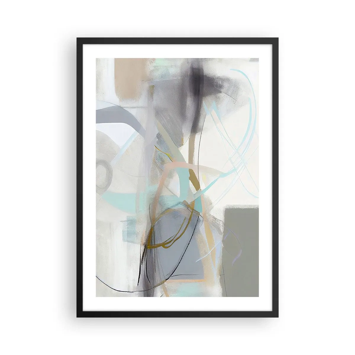 Affiche dans un cadre noir - Poster - Abstraction subtile dans les tons de gris et de bleu - 50x70cm - Abstraction brumeuse - Décoration murale moderne pour le salon et la chambre ARTTOR