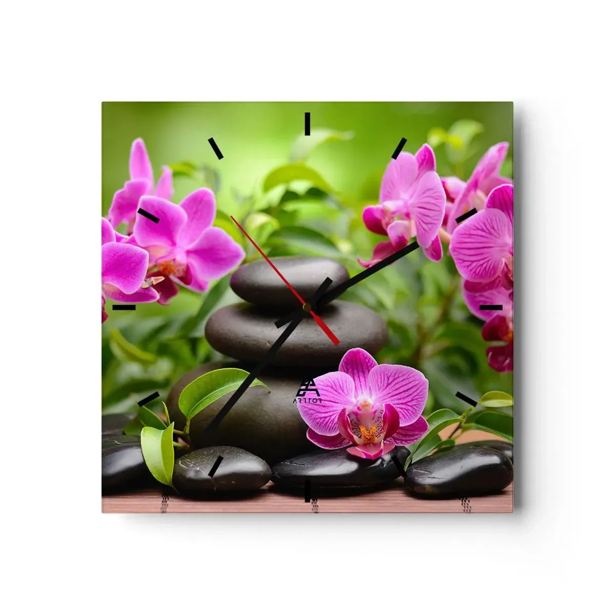Horloge murale - Pendule murale - Orchidées roses avec des pierres sur fond vert - 30x30cm - Pyramide de la Paix - Décoration murale moderne pour le salon et la chambre ARTTOR