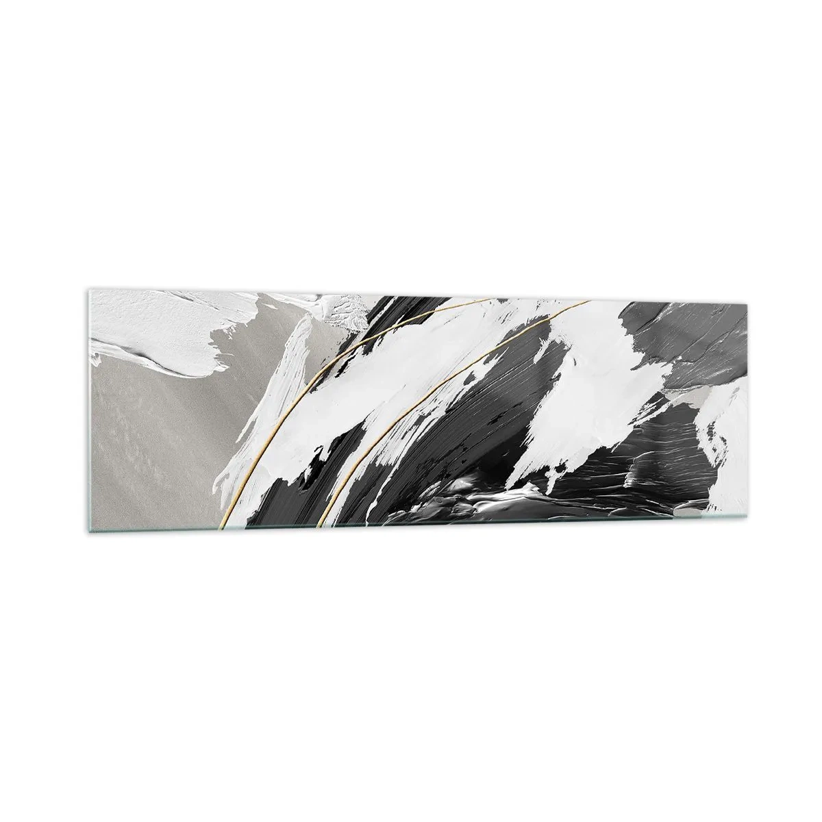 Impression sur verre - Image sur verre - Coups de pinceau noirs et blancs avec une subtile touche dorée - 160x50cm - L'abstraction à grande échelle - Décoration murale moderne pour le salon et la chambre ARTTOR