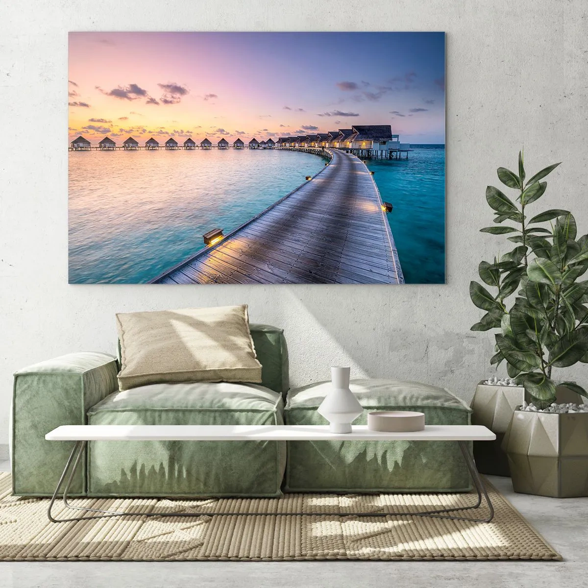 Impression sur verre - Image sur verre - Jetée en bois menant à des chalets de luxe au bord de l'eau au coucher du soleil - 120x80cm - Vacances - retour aux sources - Décoration murale moderne pour le salon et la chambre ARTTOR