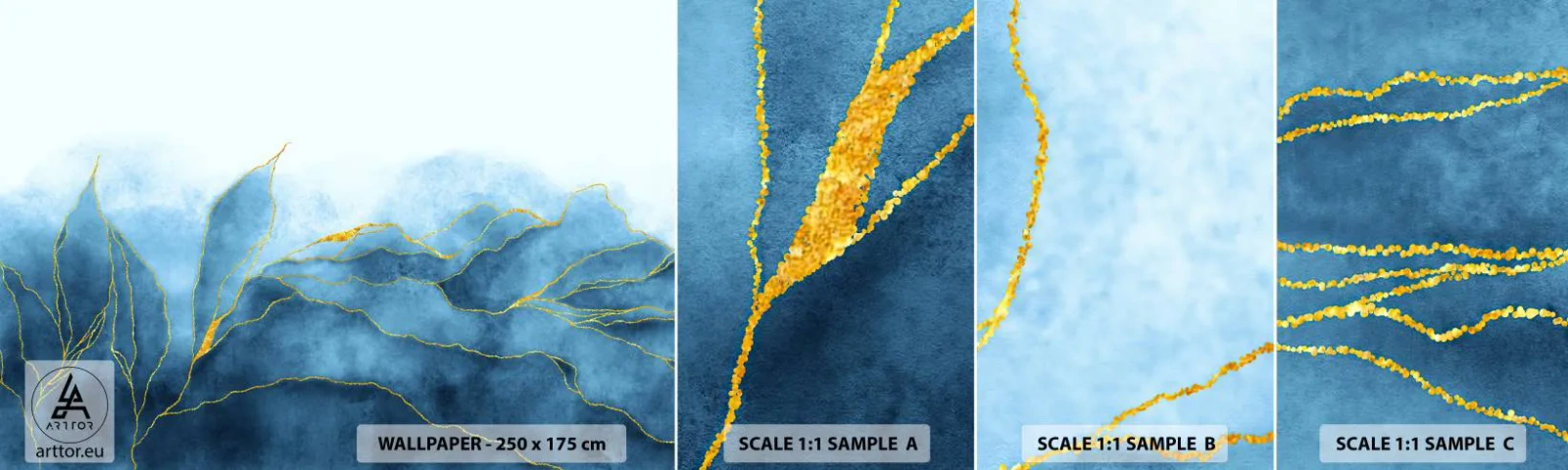 Échantillon De Papier Peint Standard Eco - Bleu doré - Luxe, Charme, Abstraction - 100x30 cm