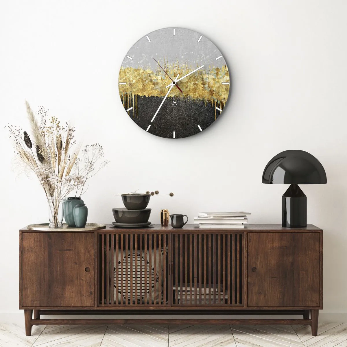 Horloge murale - Pendule murale - Reflets dorés dans une composition artistique sur fond noir et gris - 30x30cm - Vers l'intérieur et vers le haut - Décoration murale moderne pour le salon, la cuisine et la chambre ARTTOR
