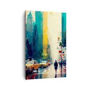 Impression sur toile - Image sur toile - Une ville animée avec des taxis et des passants - 80x120cm - New York – ici même la pluie est colorée - Décoration murale moderne pour le salon et la chambre ARTTOR